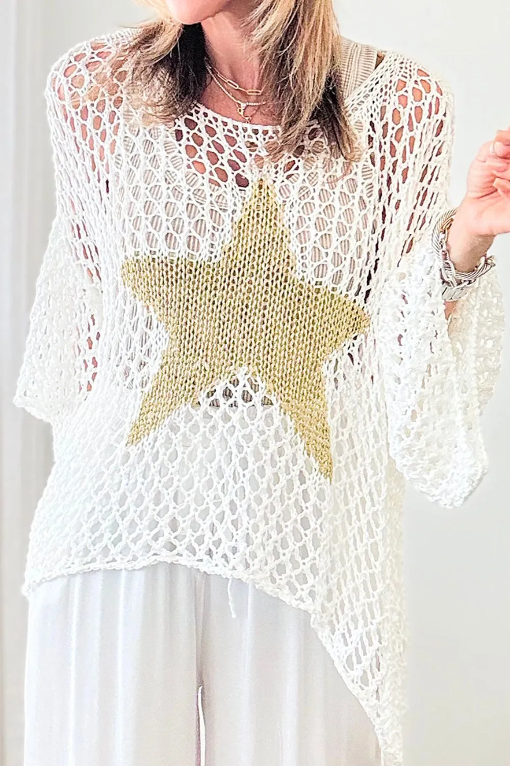 Alexandra Openwork Star Boat Neck Knit Cover Up