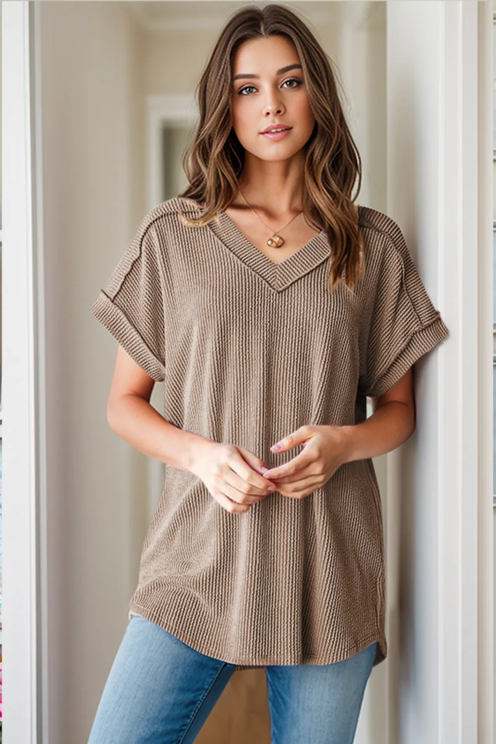 Alice Textured V-Neck Short Sleeve Top