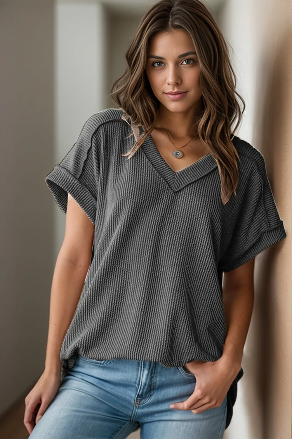 Alice Textured V-Neck Short Sleeve Top