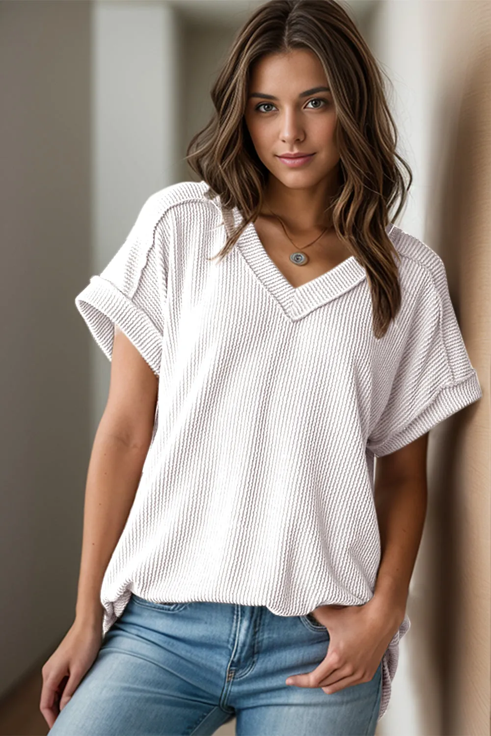 Alice Textured V-Neck Short Sleeve Top
