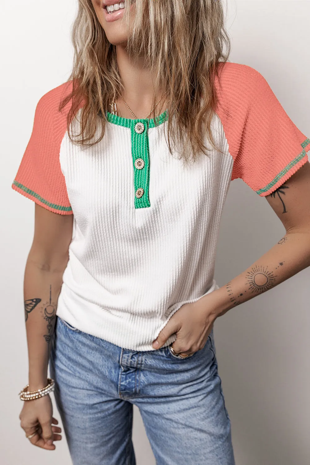 Amanda Color Block Round Neck Short Sleeve T-Shirt