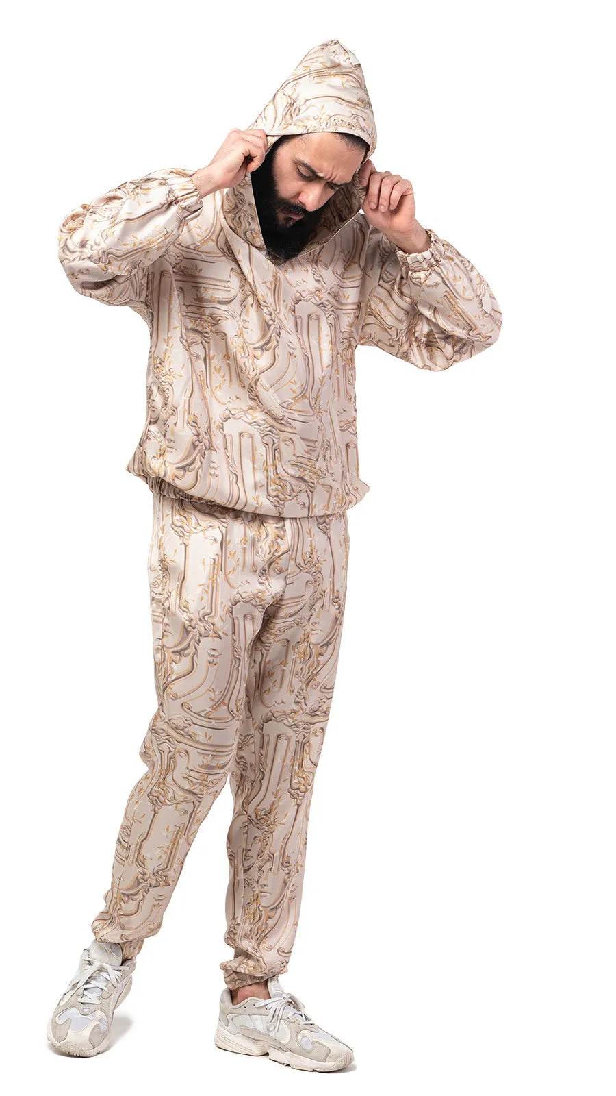 Antic Faces Print Silk Joggers