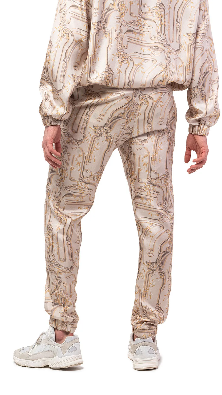 Antic Faces Print Silk Joggers
