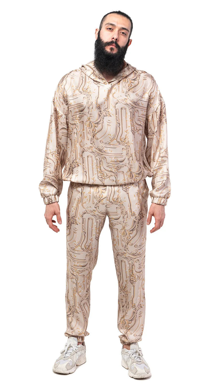 Antic Faces Print Silk Joggers