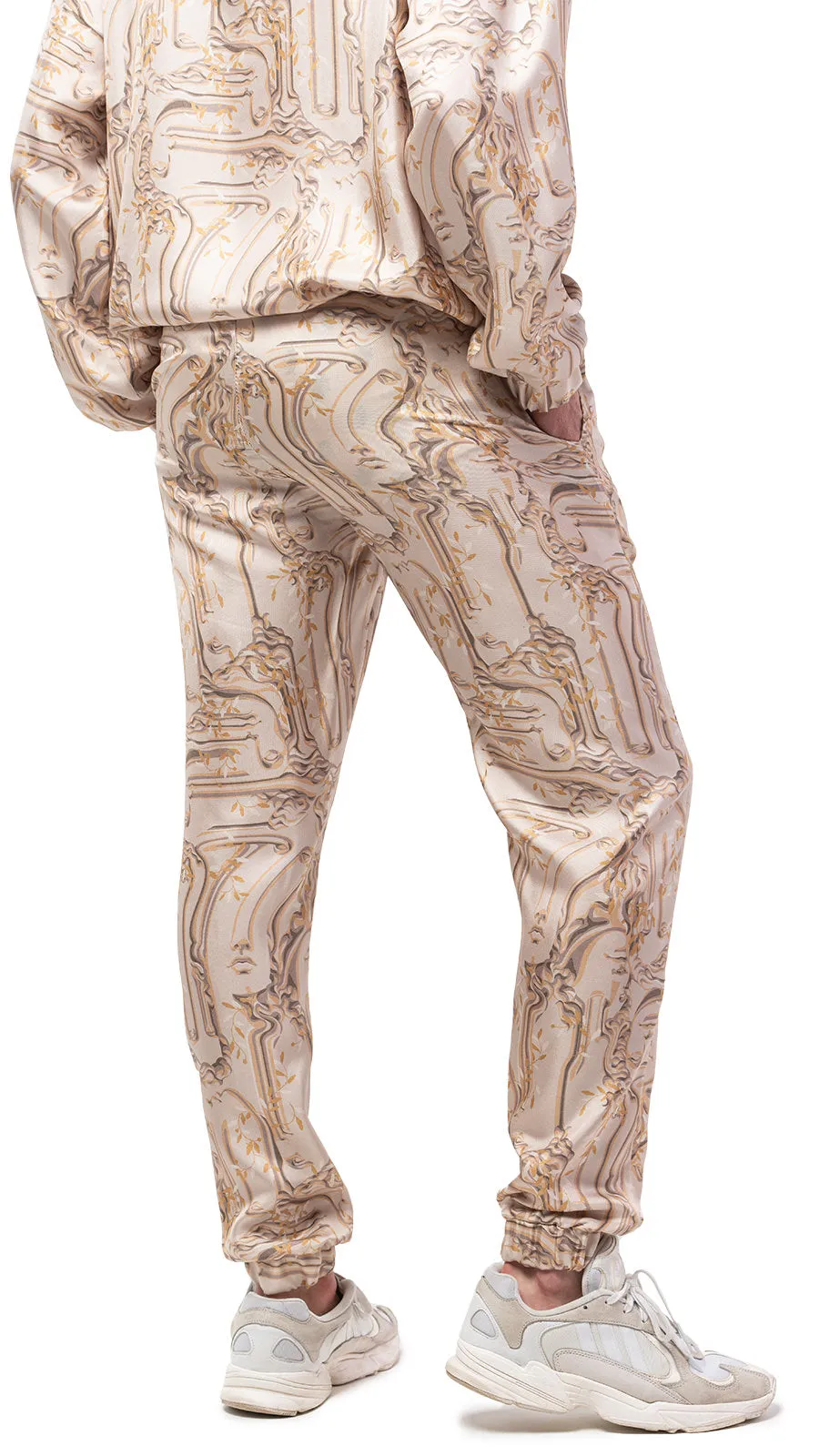 Antic Faces Print Silk Joggers