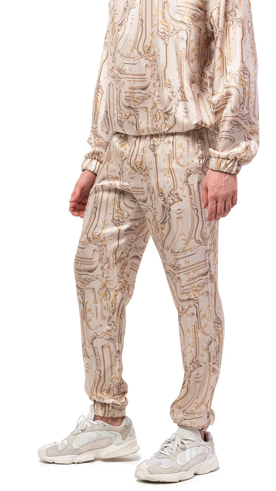 Antic Faces Print Silk Joggers
