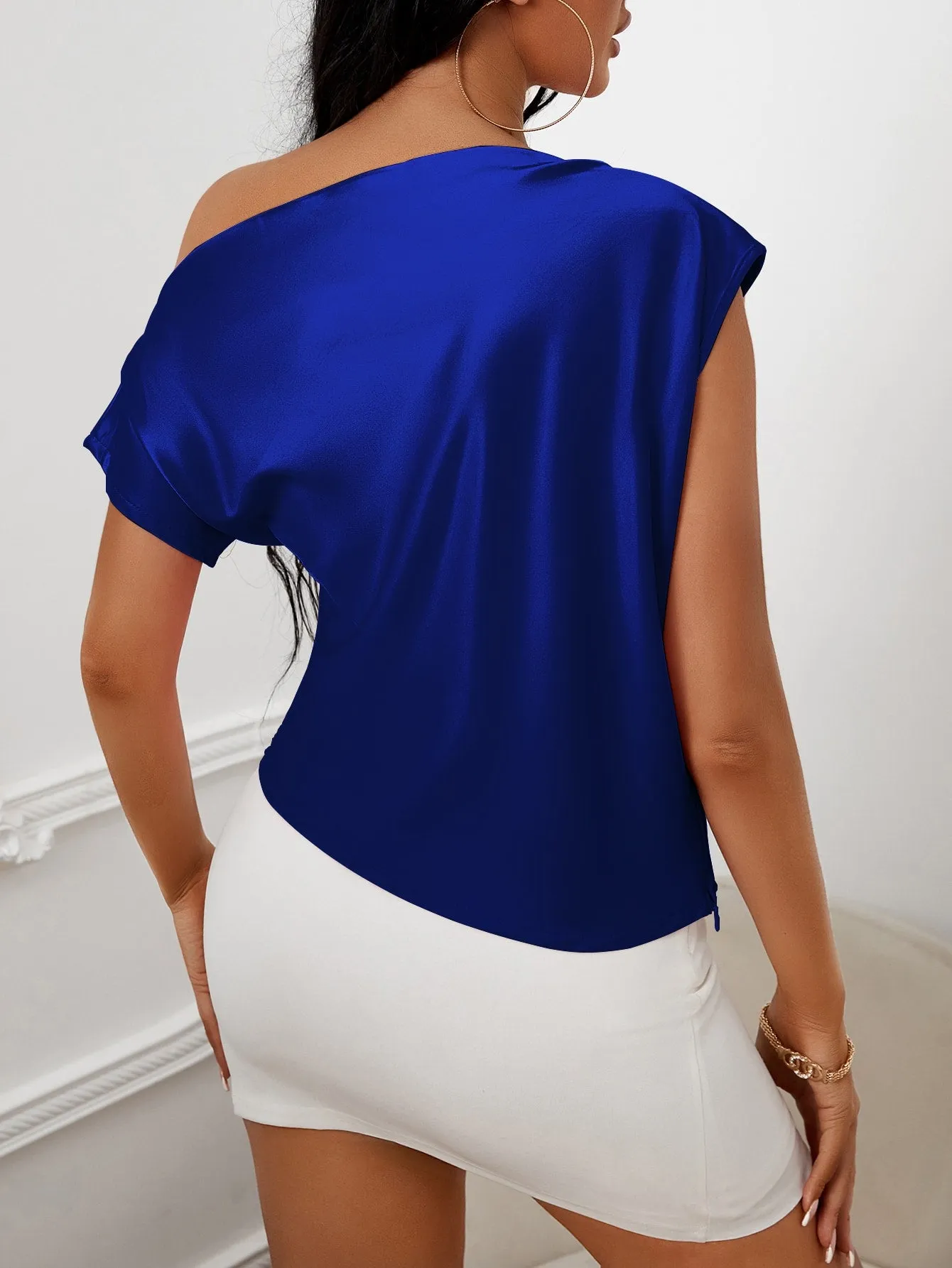 April Baker Asymmetrical Neck Ruched Satin Blouse