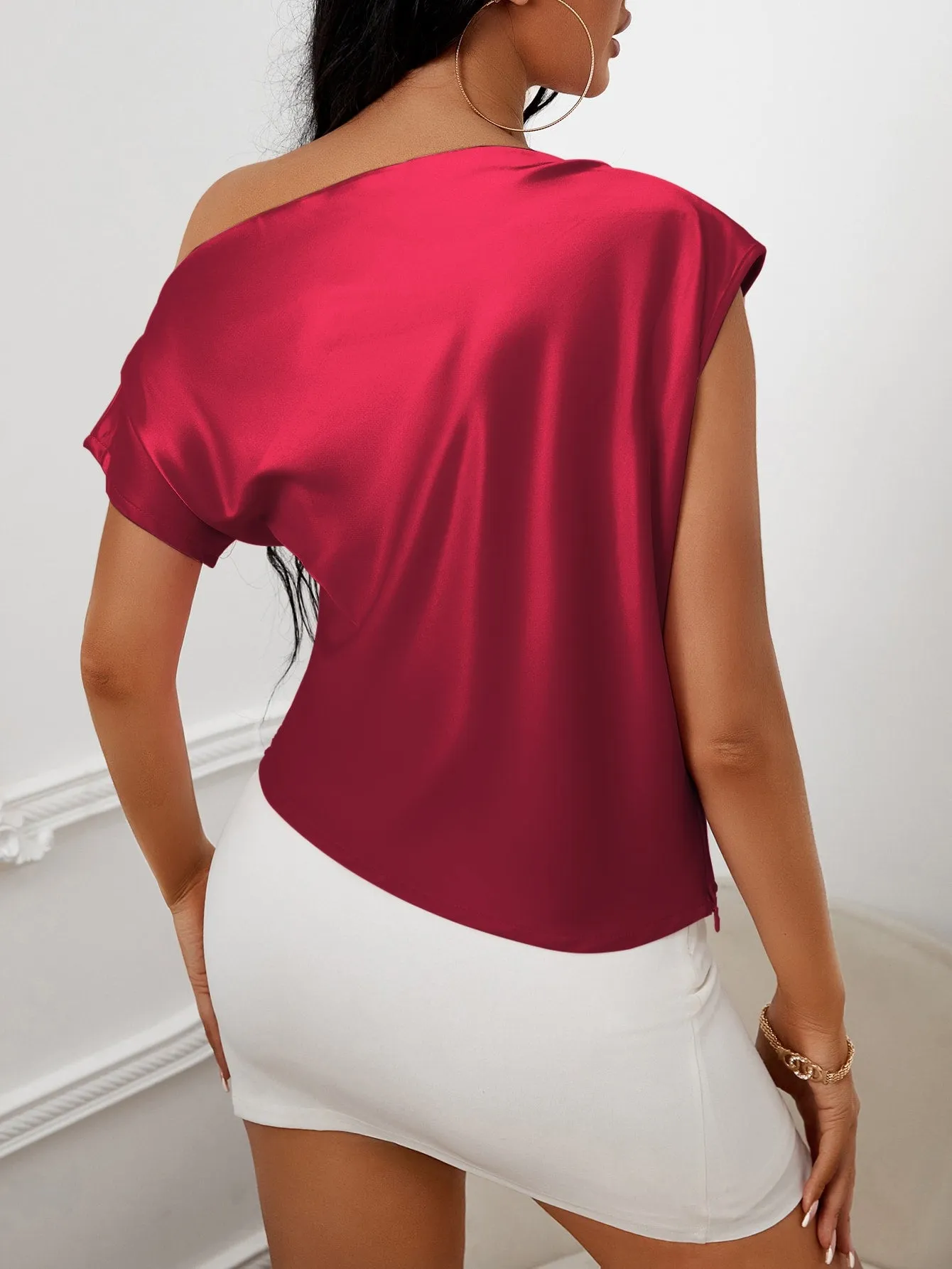 April Baker Asymmetrical Neck Ruched Satin Blouse