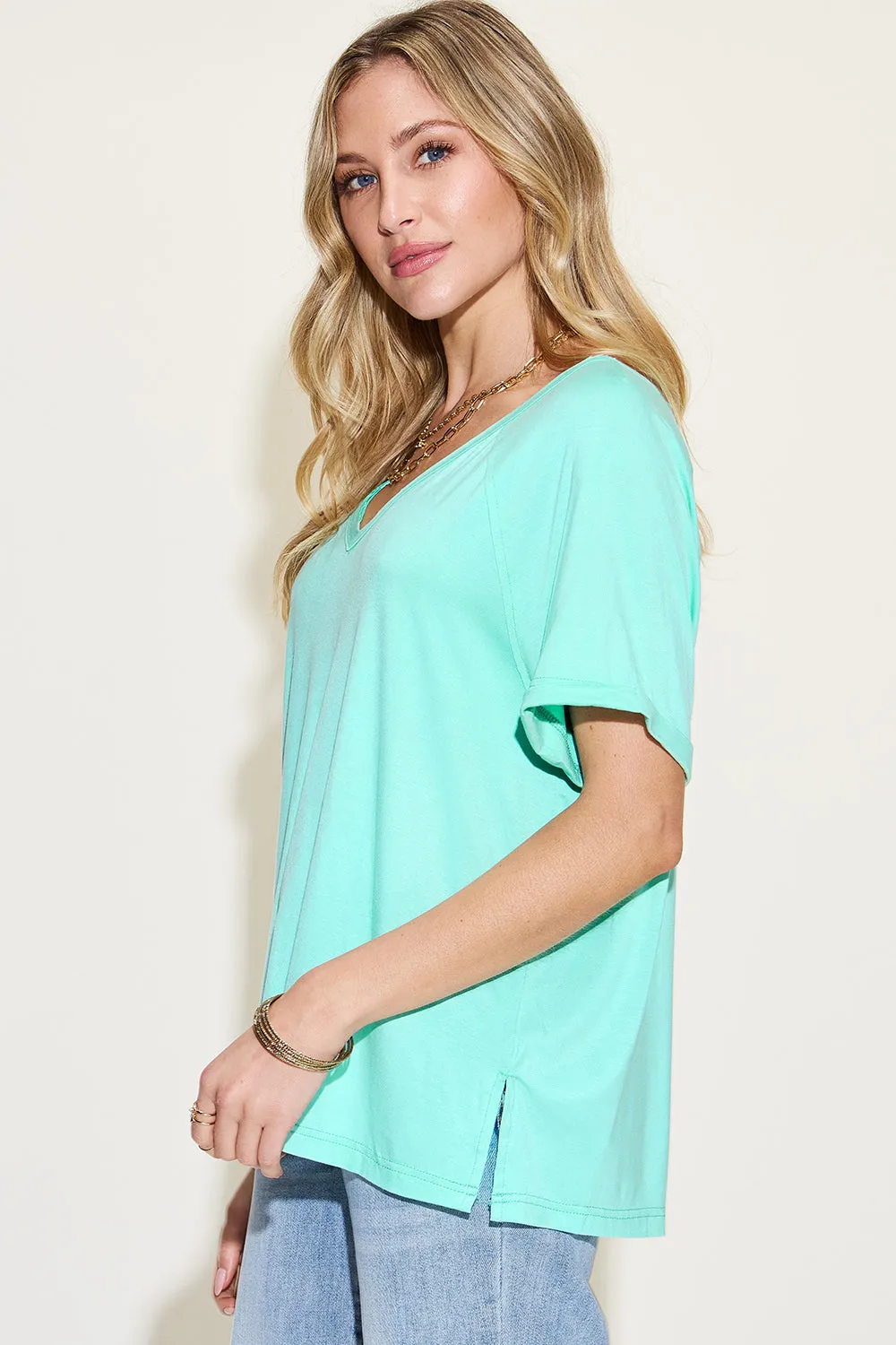 April Basic Bae Full Size Bamboo Slit V-Neck Short Sleeve T-Shirt