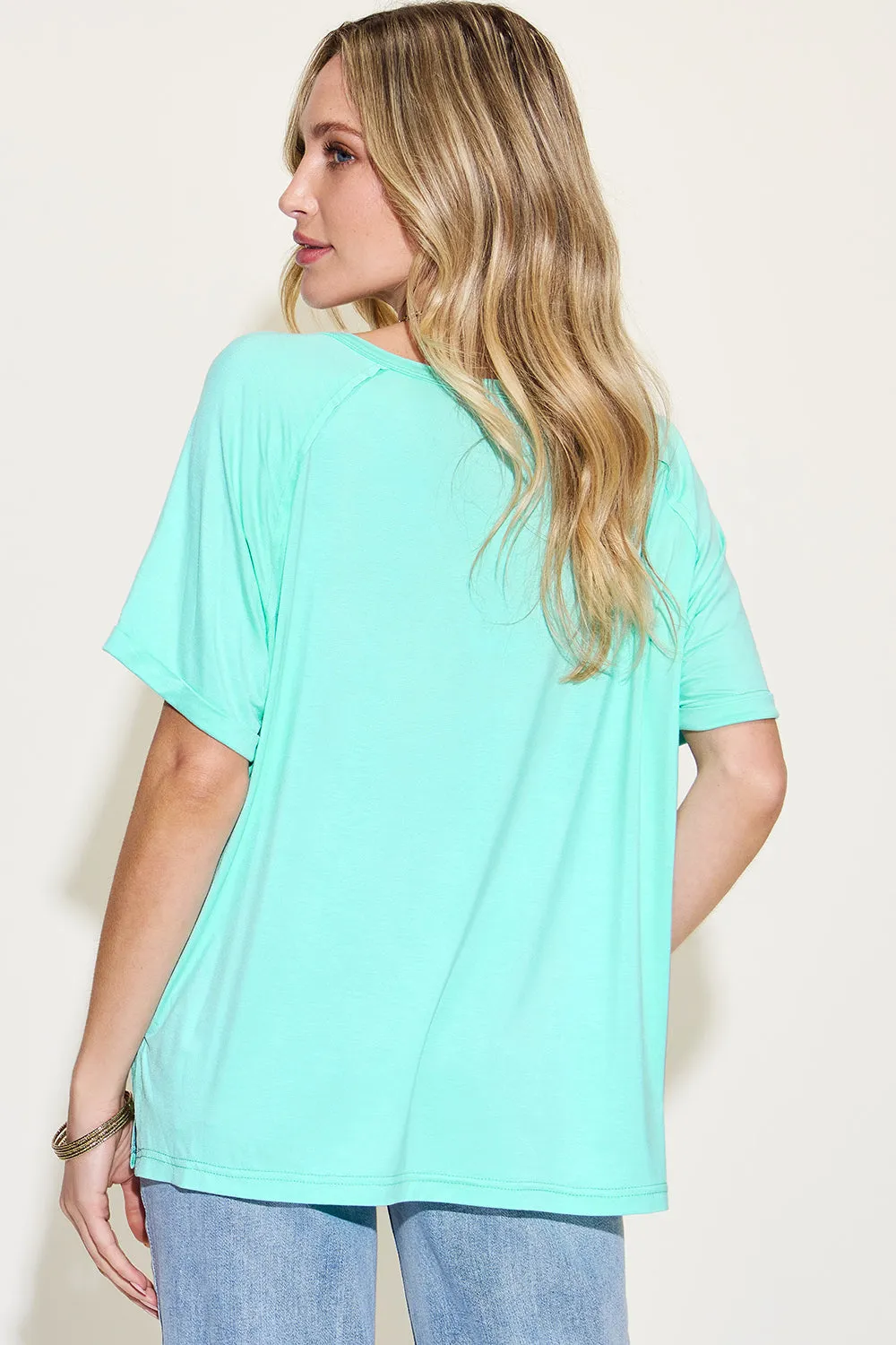 April Basic Bae Full Size Bamboo Slit V-Neck Short Sleeve T-Shirt