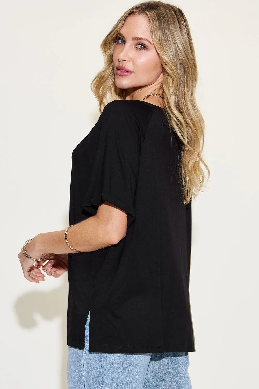 April Basic Bae Full Size Bamboo Slit V-Neck Short Sleeve T-Shirt