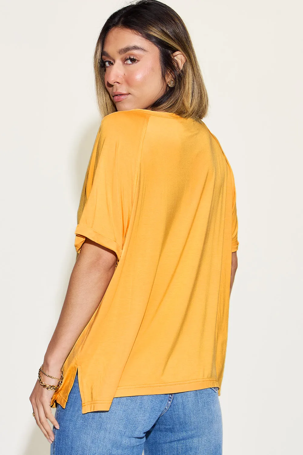 April Basic Bae Full Size Bamboo Slit V-Neck Short Sleeve T-Shirt