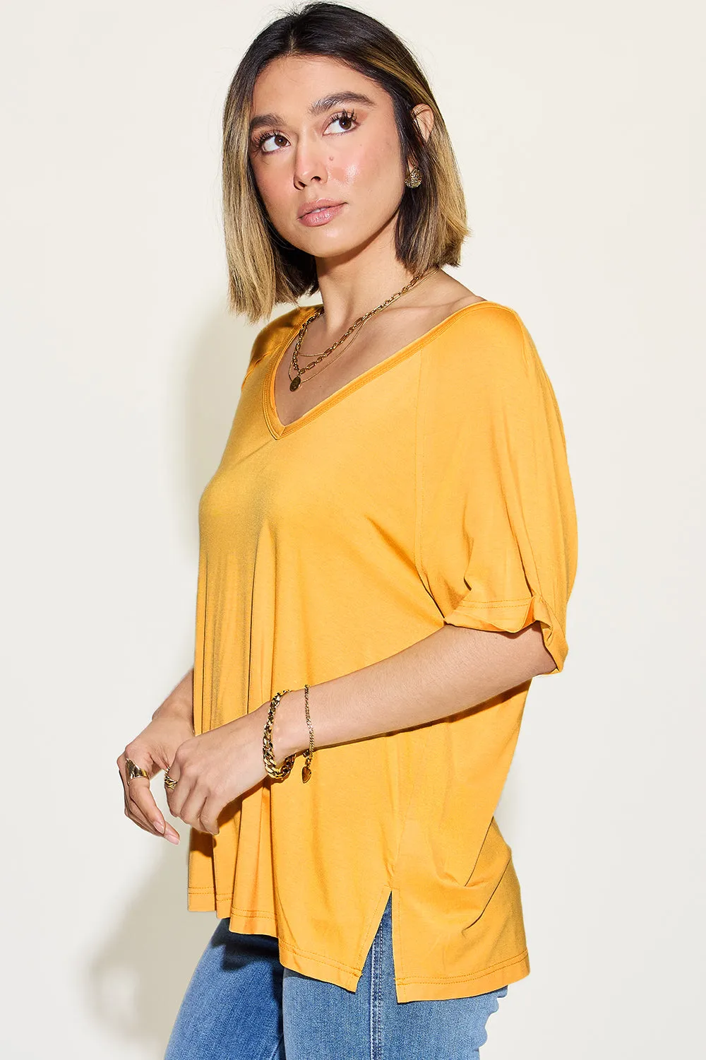 April Basic Bae Full Size Bamboo Slit V-Neck Short Sleeve T-Shirt