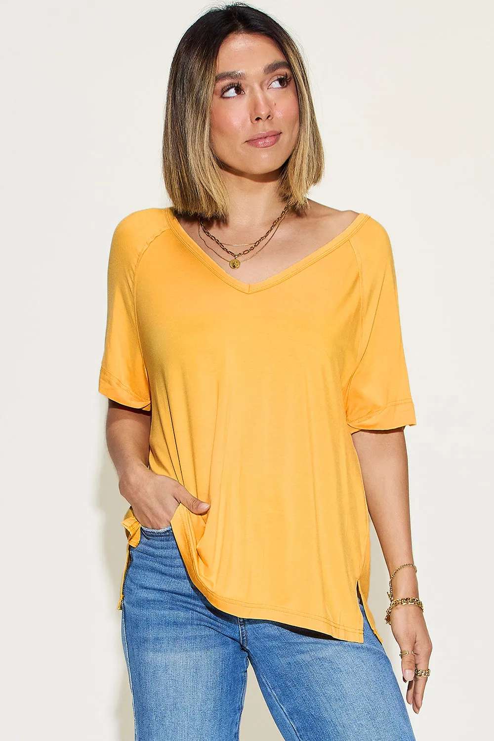April Basic Bae Full Size Bamboo Slit V-Neck Short Sleeve T-Shirt
