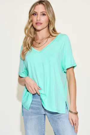 April Basic Bae Full Size Bamboo Slit V-Neck Short Sleeve T-Shirt