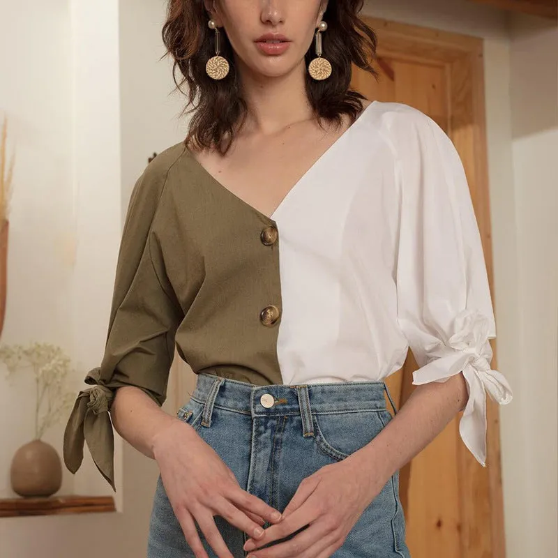 Autumn Butterfly Lace Single-Breasted V-Neck Shirt T-Shirt