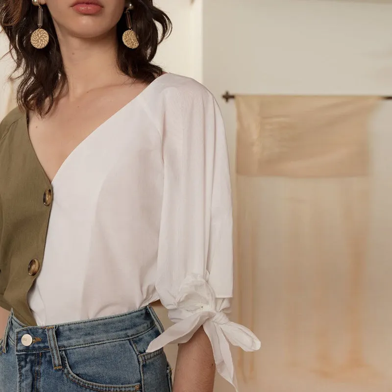 Autumn Butterfly Lace Single-Breasted V-Neck Shirt T-Shirt