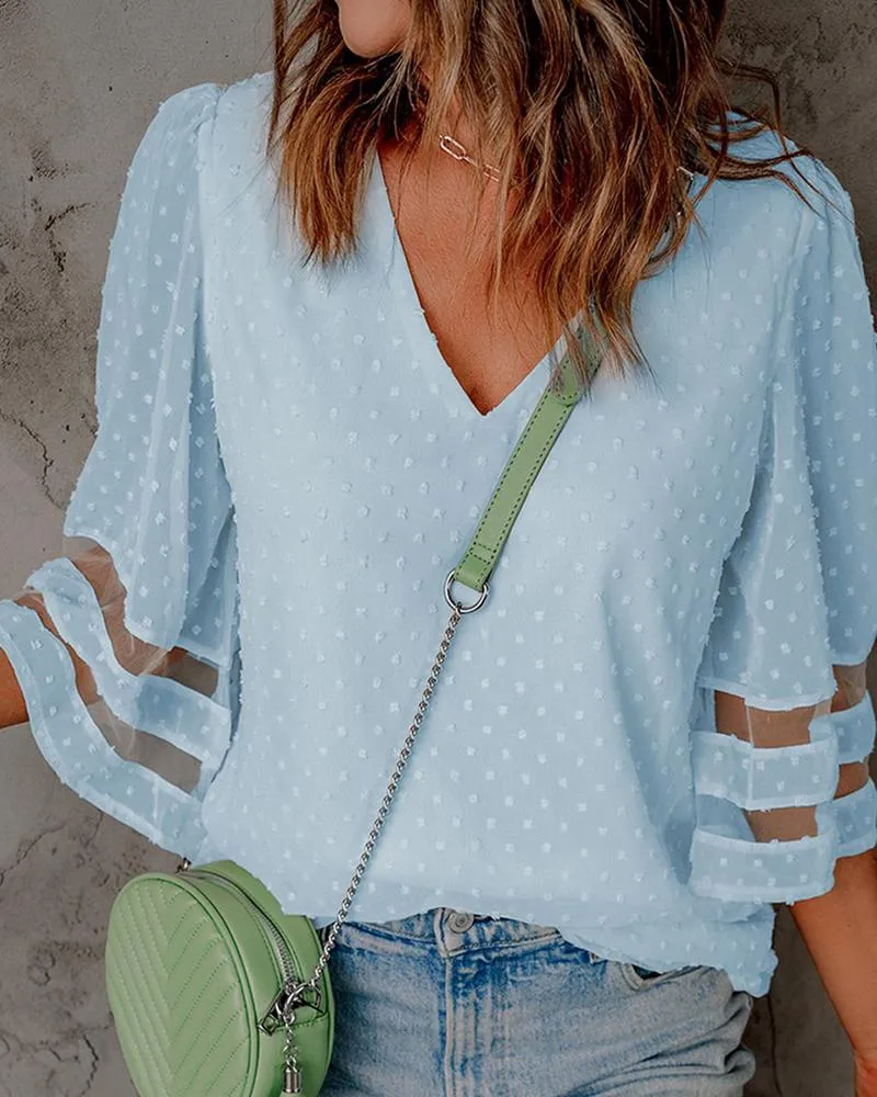 Bell Sleeve Contrast Mesh Swiss Dot Blouse