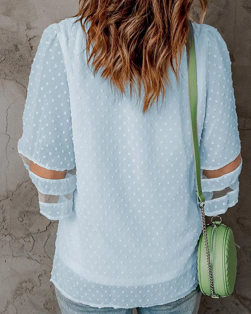 Bell Sleeve Contrast Mesh Swiss Dot Blouse