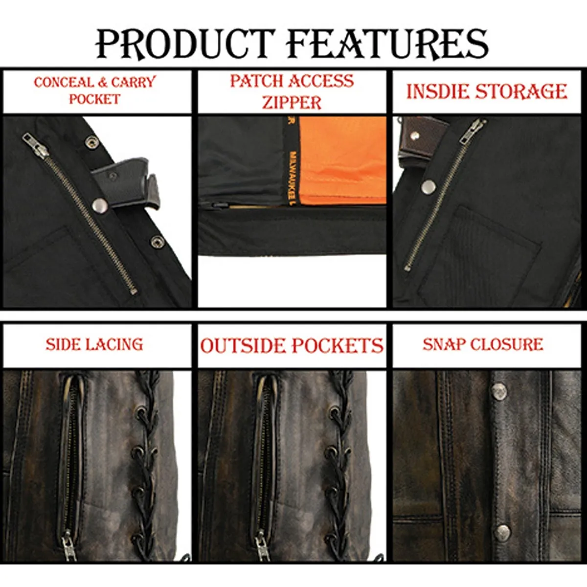 BROWN MLM3540 Men's Roulette Distressed Brown 10 Pocket Motorcycle Leather Vest