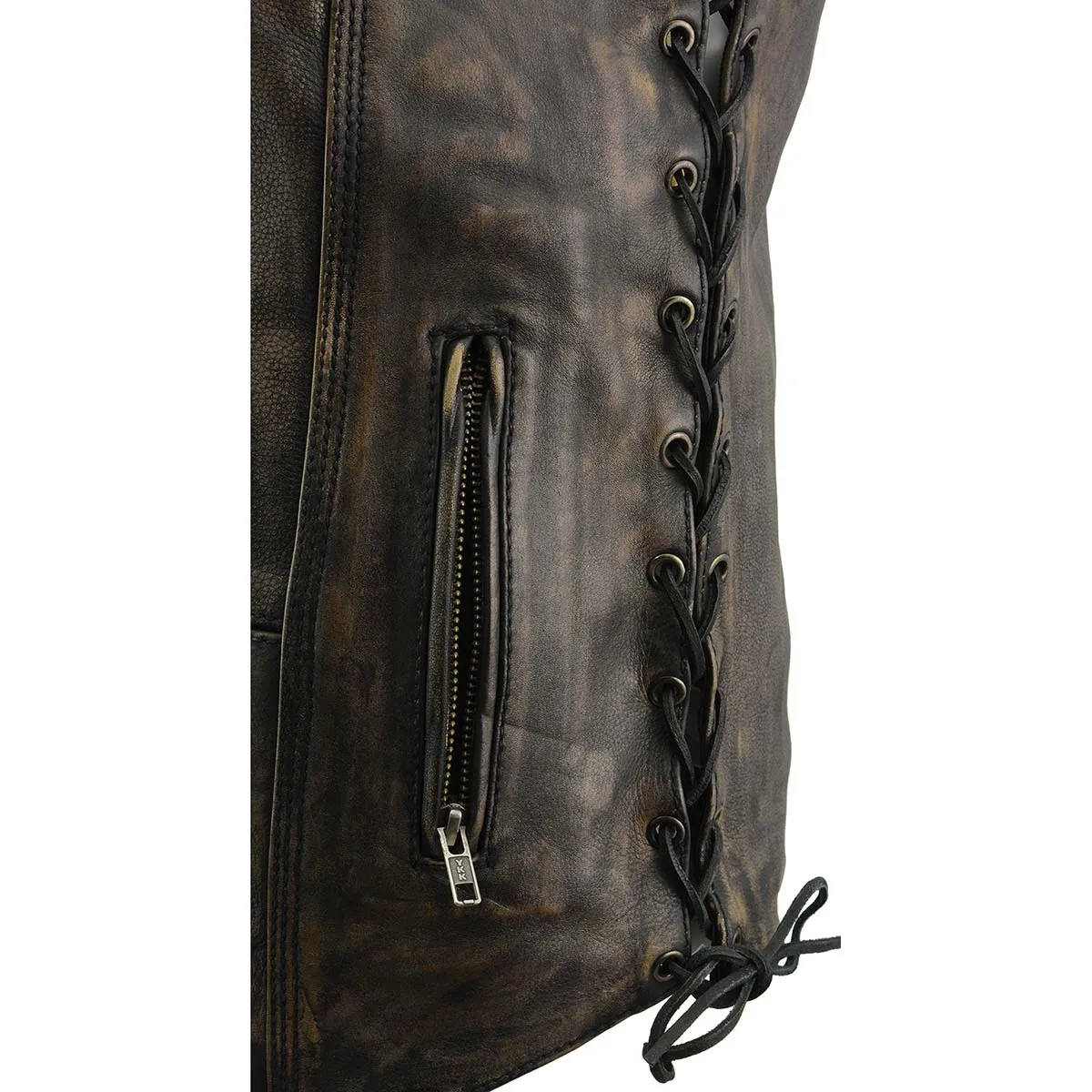 BROWN MLM3540 Men's Roulette Distressed Brown 10 Pocket Motorcycle Leather Vest