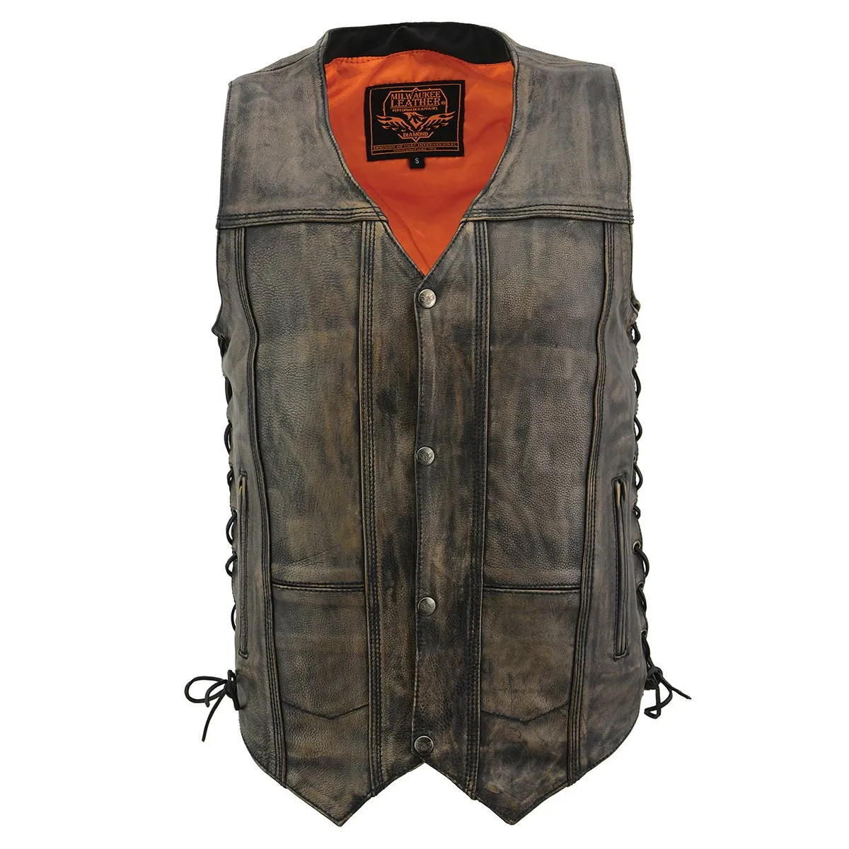 BROWN MLM3540 Men's Roulette Distressed Brown 10 Pocket Motorcycle Leather Vest