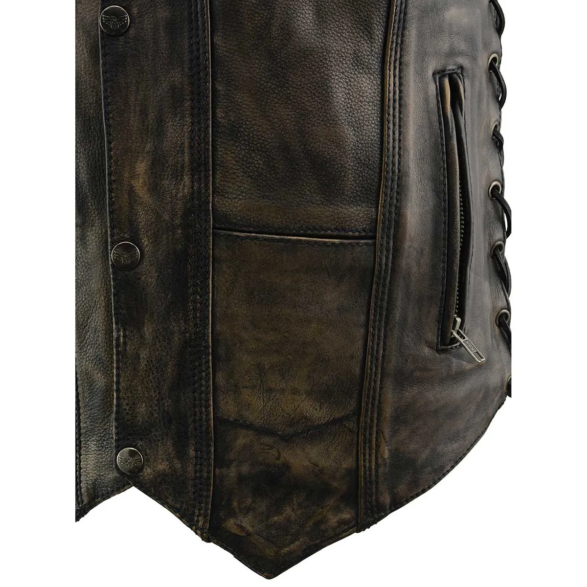 BROWN MLM3540 Men's Roulette Distressed Brown 10 Pocket Motorcycle Leather Vest