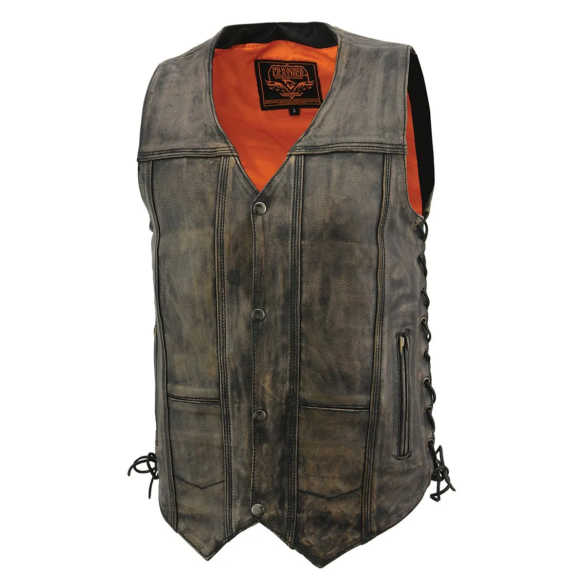 BROWN MLM3540 Men's Roulette Distressed Brown 10 Pocket Motorcycle Leather Vest