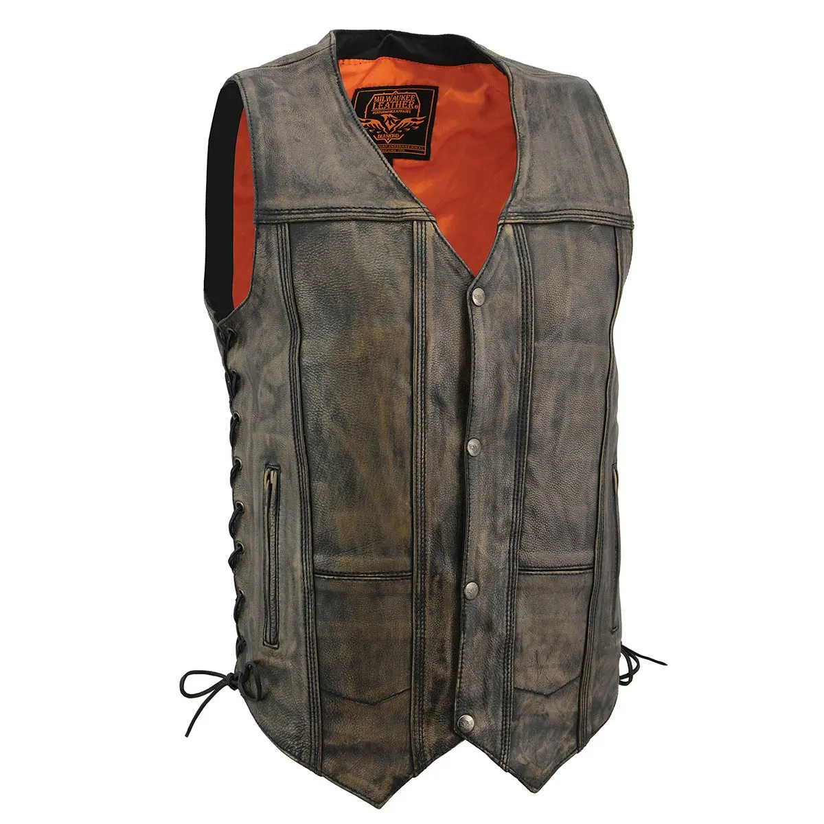 BROWN MLM3540 Men's Roulette Distressed Brown 10 Pocket Motorcycle Leather Vest