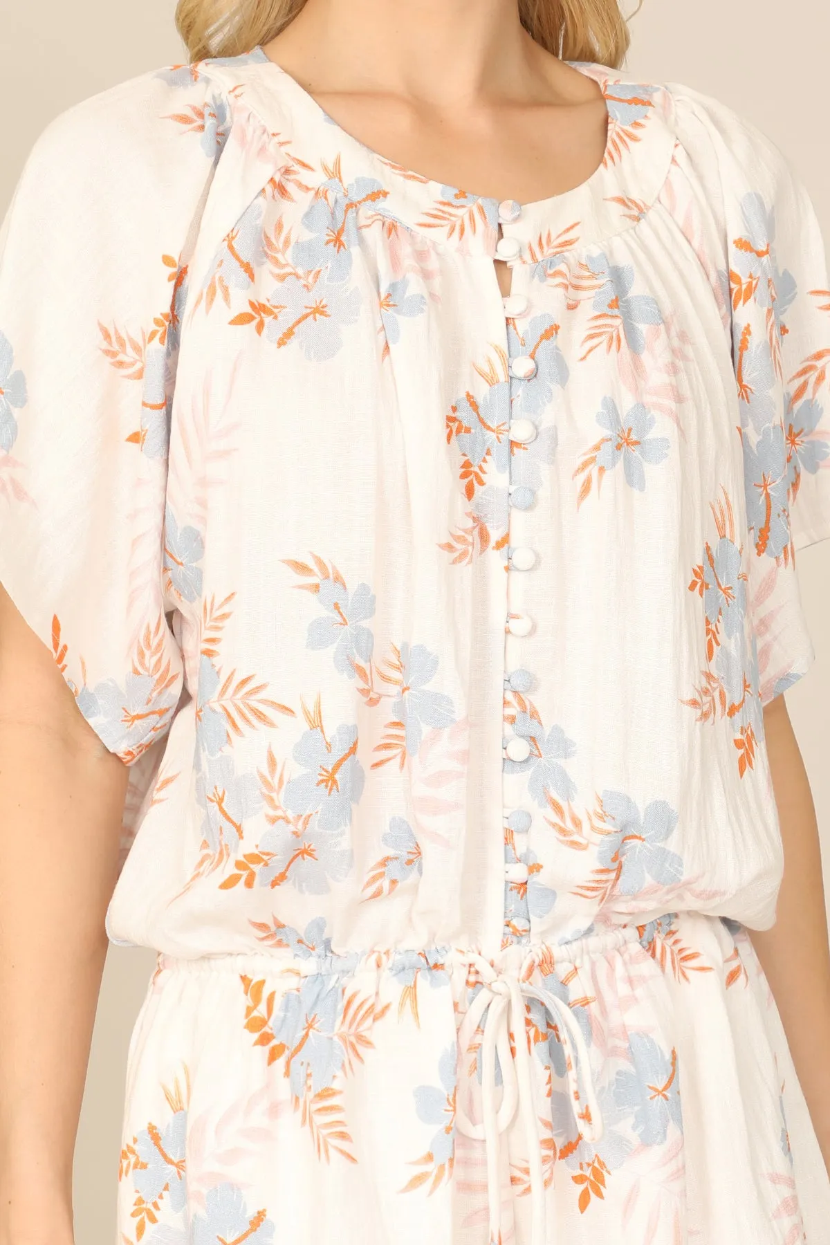 BUTTON DETAIL BELL SLEEVE WAIST TIE PRINTED ROMPER