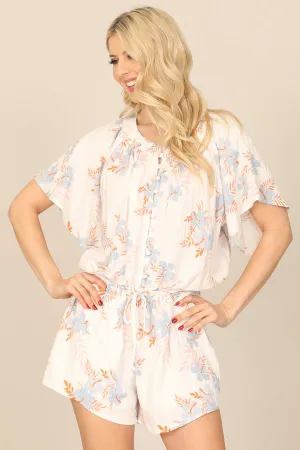 BUTTON DETAIL BELL SLEEVE WAIST TIE PRINTED ROMPER