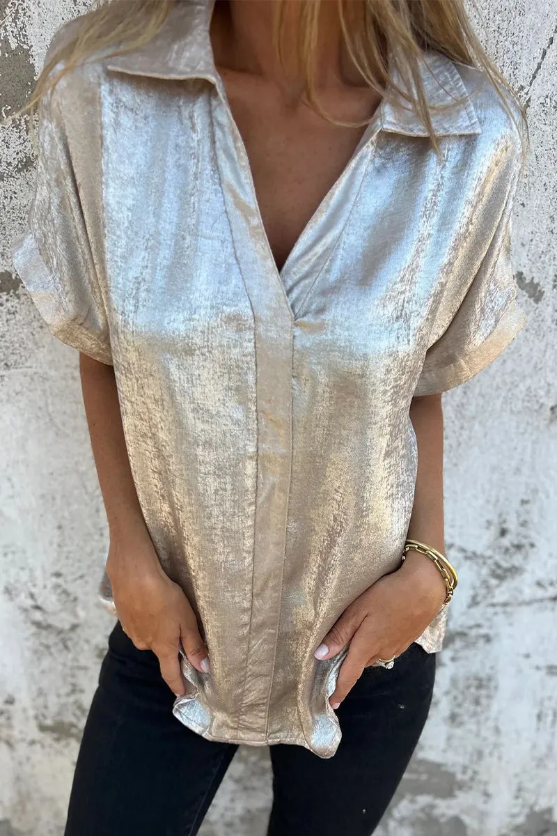 Casual Bronzing Pattern Patchwork Turndown Collar Blouses(5 Colors)