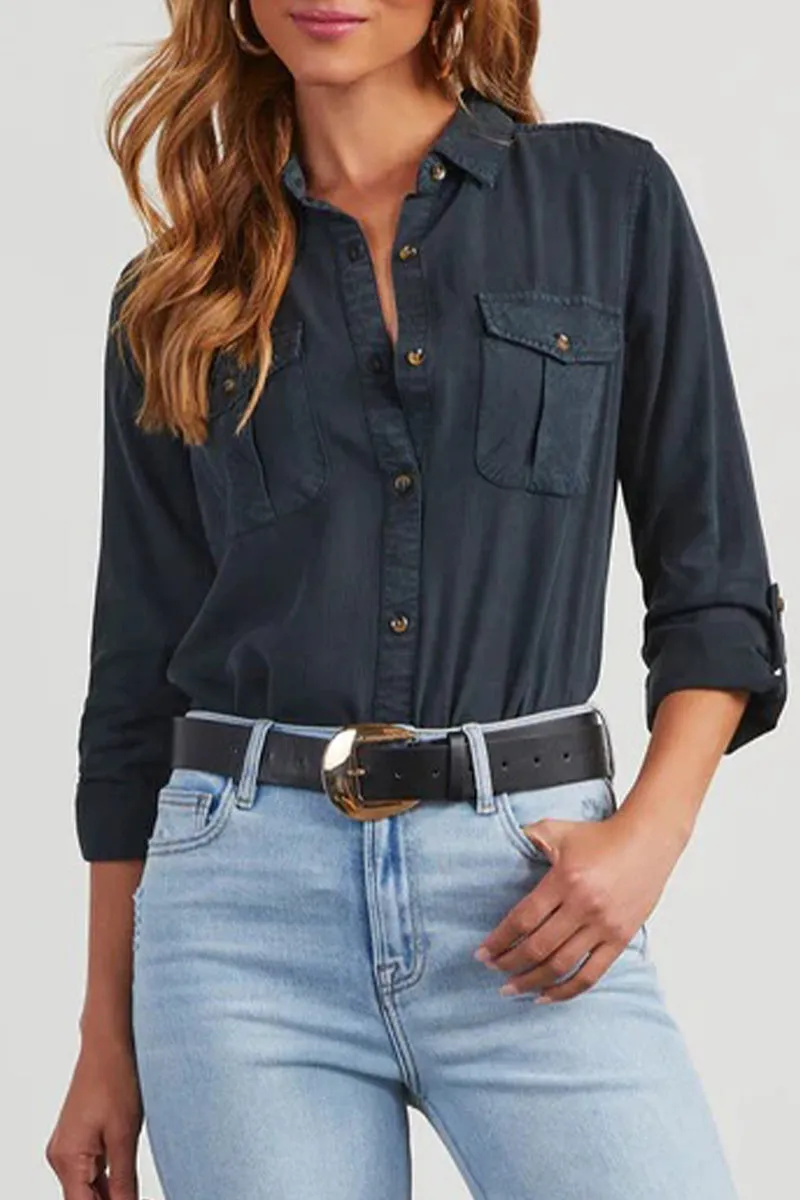 Casual Daily Pocket Buttons Turndown Collar Blouses(4 Colors)