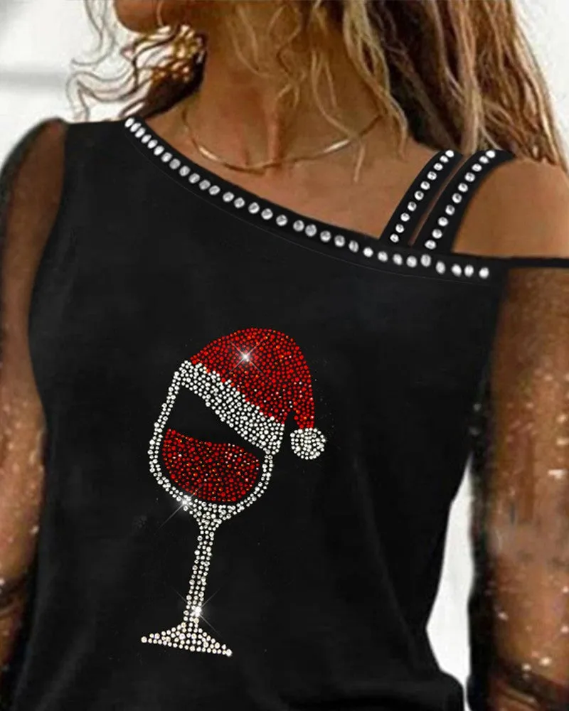 Christmas Wine Glass Print Contrast Mesh Cold Shoulder Top