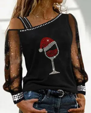 Christmas Wine Glass Print Contrast Mesh Cold Shoulder Top