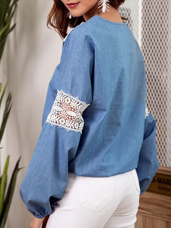 Denim Blue Top V-neck Lace Stitching Long-sleeved Shirt
