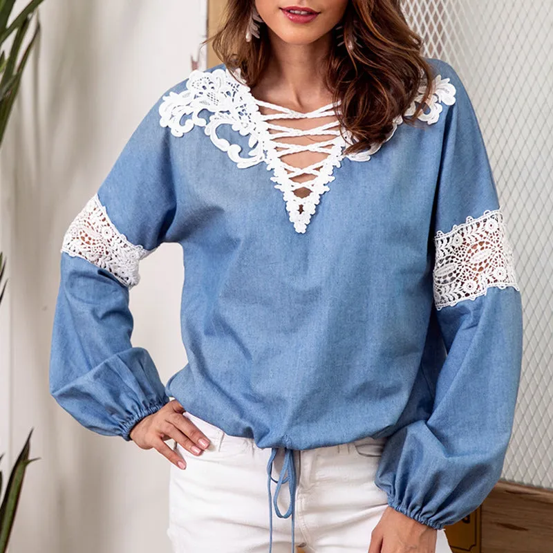 Denim Blue Top V-neck Lace Stitching Long-sleeved Shirt