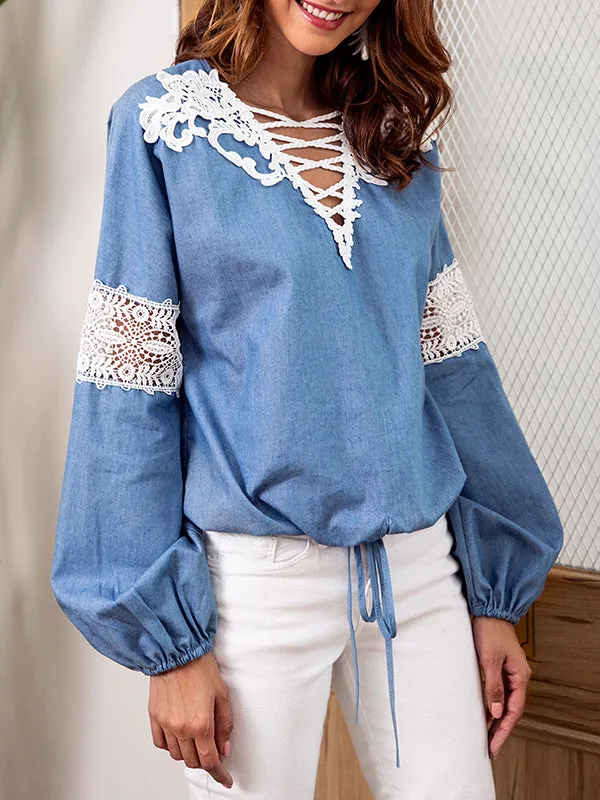 Denim Blue Top V-neck Lace Stitching Long-sleeved Shirt