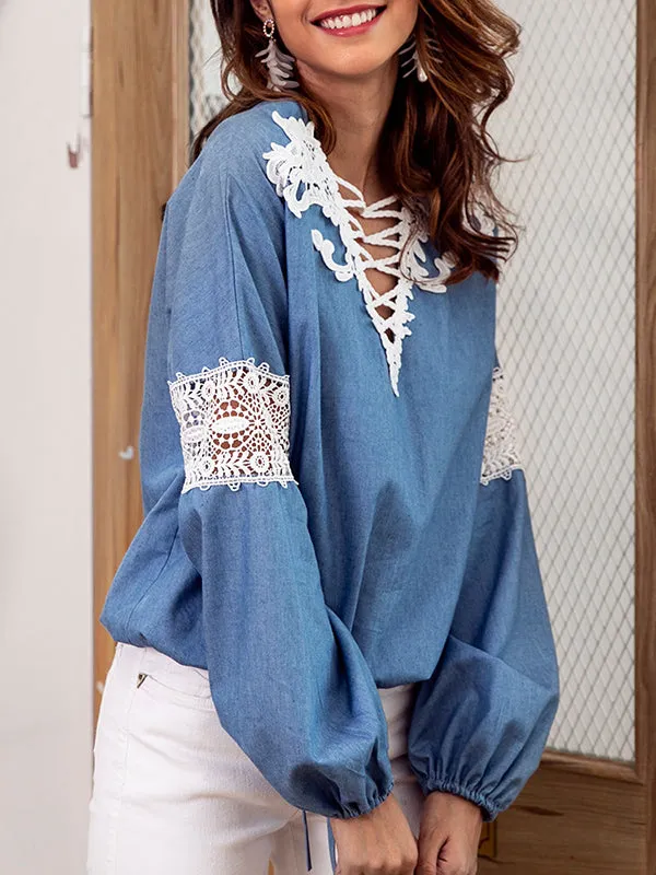 Denim Blue Top V-neck Lace Stitching Long-sleeved Shirt