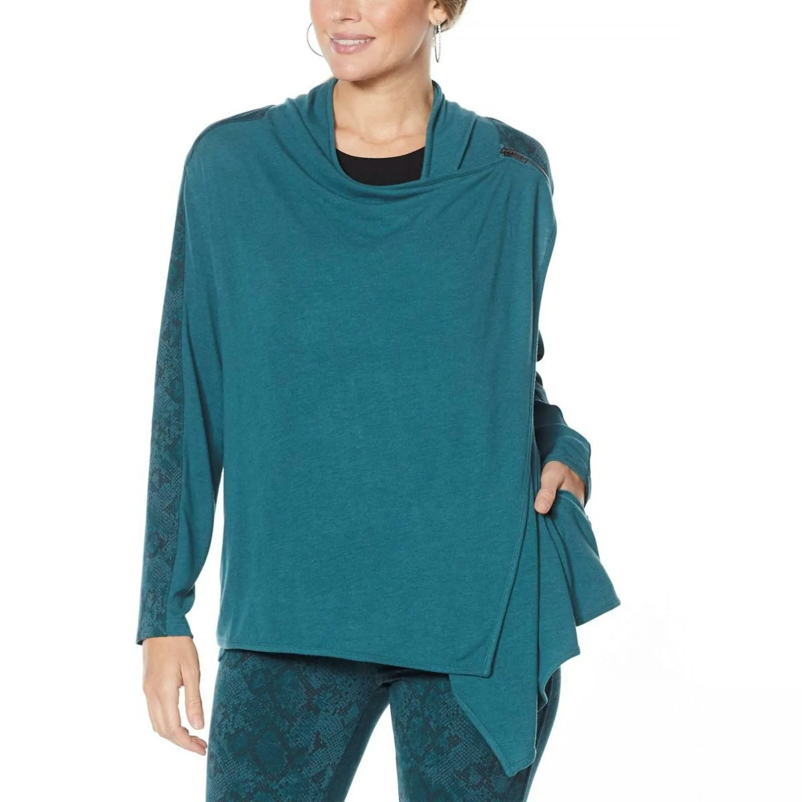 DG2 by Diane Gilman Eco-Ponte Knit Drape Front Easy Jacket Green Snake Large