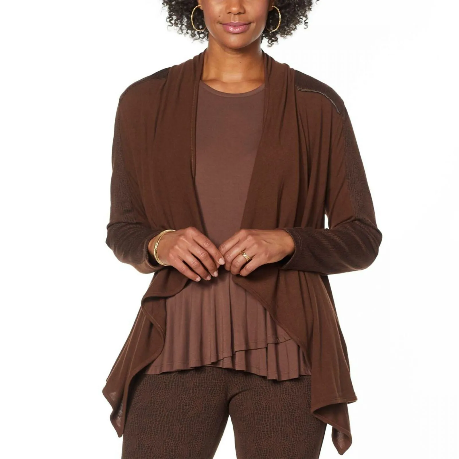 DG2 by Diane Gilman Women's Eco Ponte Drape Front Easy Jacket Espresso Large