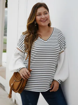 Fashion Large Size Women's Striped Stitching Shirt V-neck Sexy Clothes