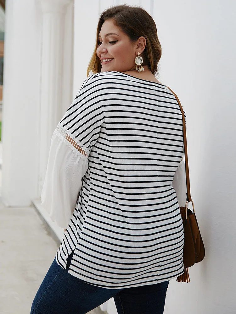 Fashion Large Size Women's Striped Stitching Shirt V-neck Sexy Clothes