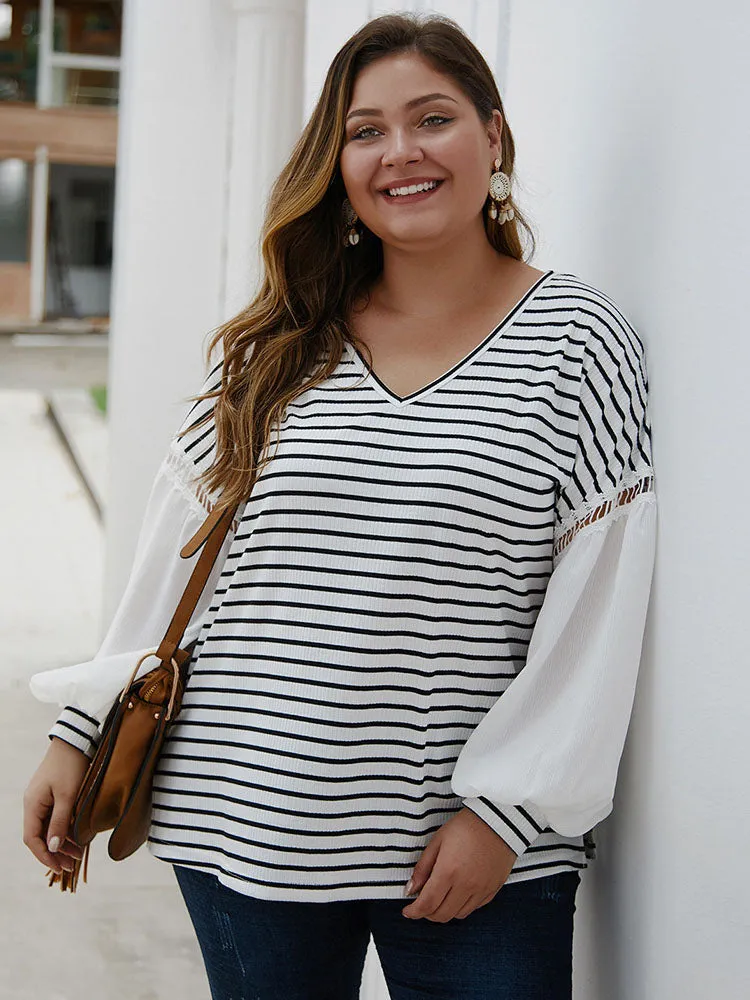 Fashion Large Size Women's Striped Stitching Shirt V-neck Sexy Clothes