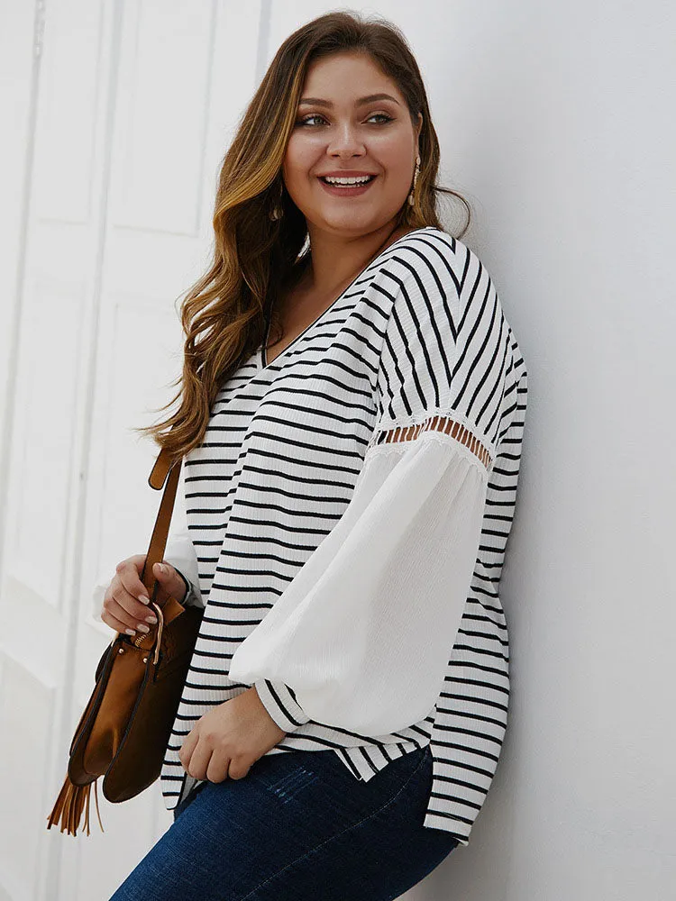 Fashion Large Size Women's Striped Stitching Shirt V-neck Sexy Clothes