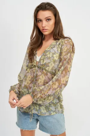 FLORAL LONG SLEEVE SHEER BLOUSE