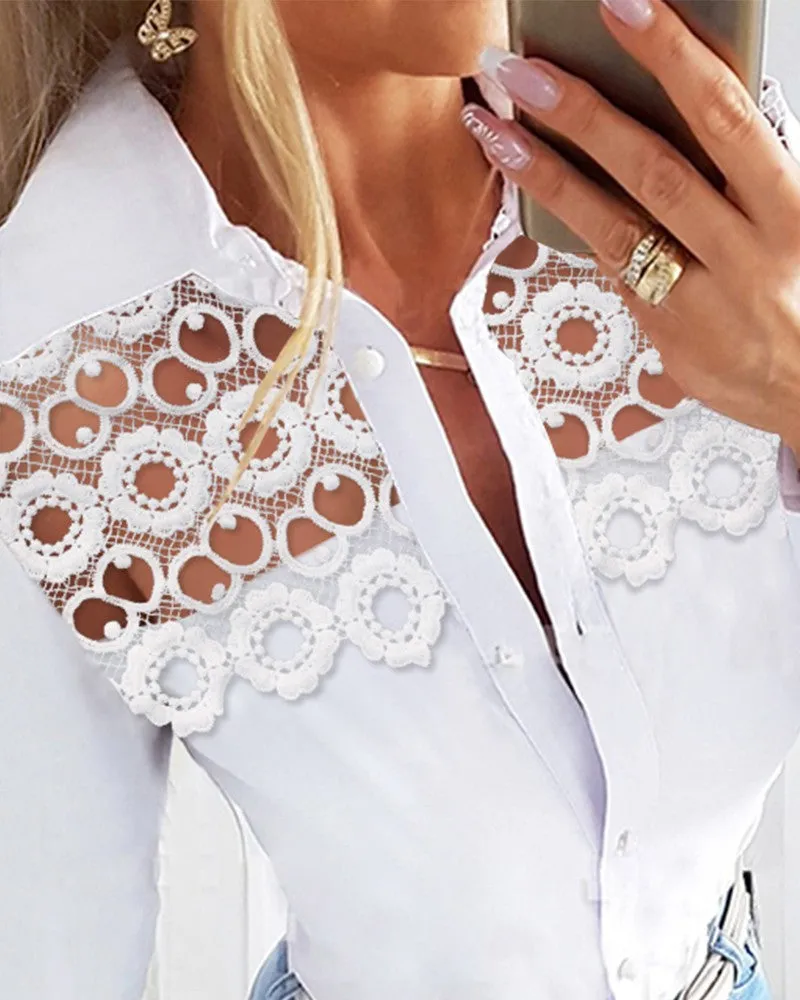 Floral Pattern Lace Patch Buttoned Top