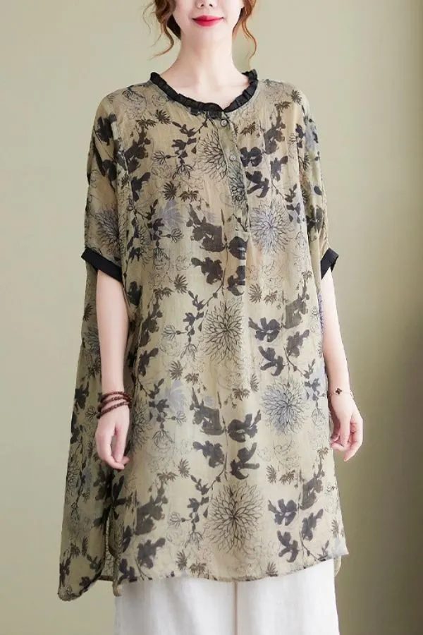 Floral Printing Round Neck Blouse