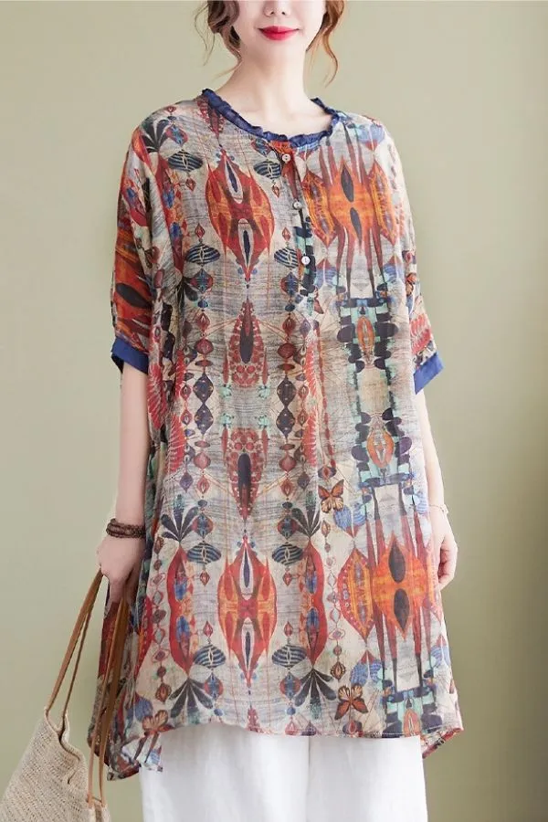 Floral Printing Round Neck Blouse