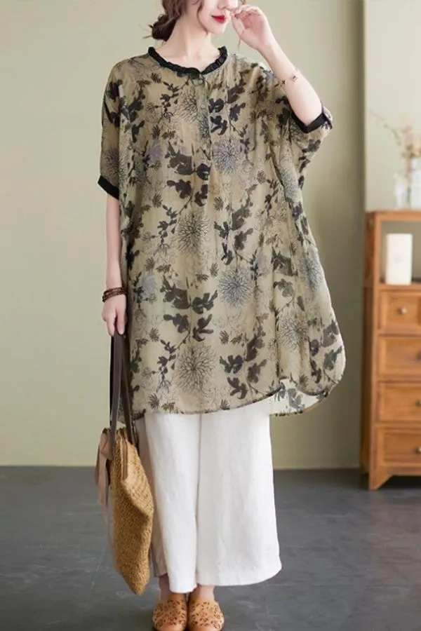 Floral Printing Round Neck Blouse